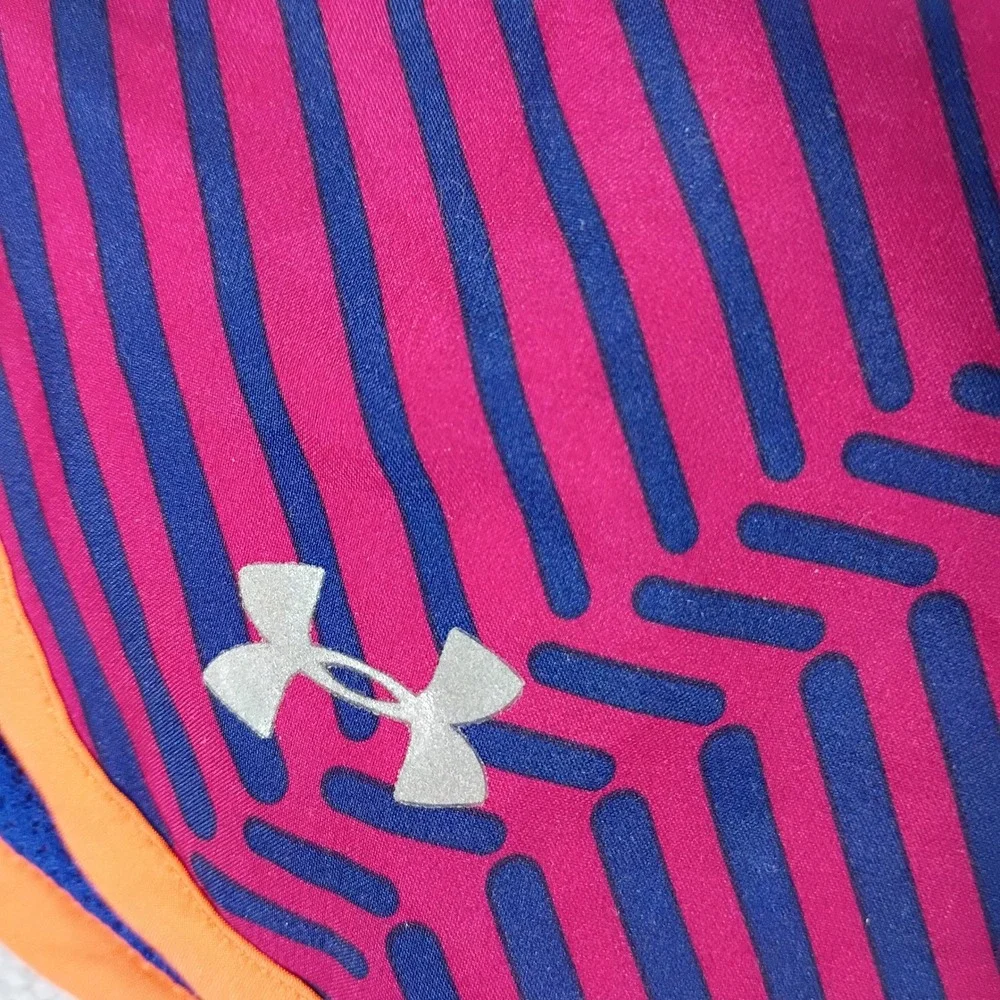 Under Armour Women Fly-By Pink Blue Striped Medium HeatGear Running Shorts